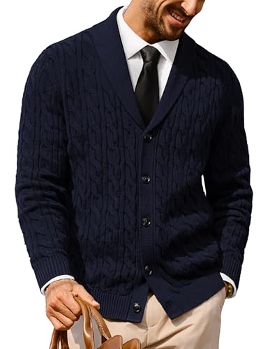 PJ PAUL JONES Mens Cable Knit Cardigan Button Down Dress Sweaters Navy L
