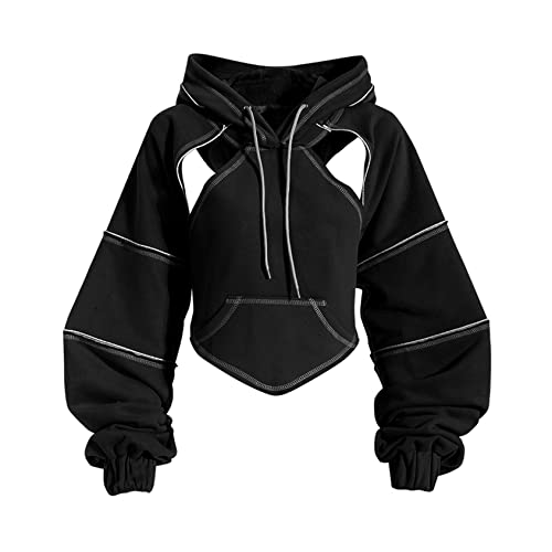 Perbai Womens Cutout Super Crop Hoodie Backless Long Sleeve Gothic Punk Y2K Sweatshirt Tops(Black-L)