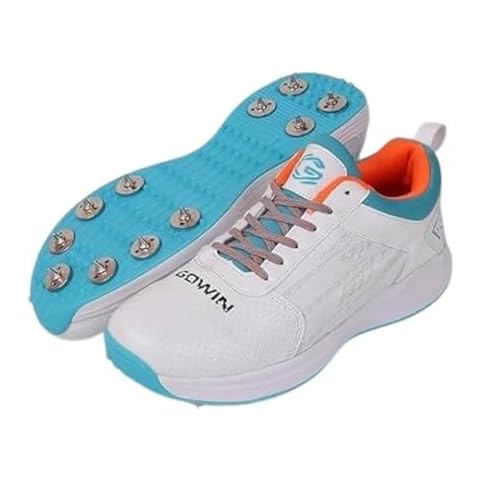 KNK Gowin Tyro Metal Spike Cricket Shoe for Outdoor and Field Sports with All Round Performance (White/Island Blue, US Footwear Size System, Adult, Men, Numeric, Medium, 8) Cover