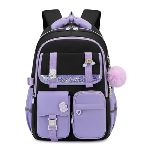 MUSEVOS Girls Backpack Kids Backpack for Girls School Bookbag for Teens Age 6-15 Large Capacity Water Resistant Backpack for Elementary to High School Cute Travel Daypack Black Purple