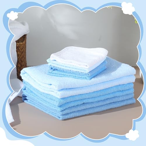 Image of CroBlissful 8 Pcs Muslin Baby Hooded Cotton Towels and Washcloths Sets Cotton Newborn Bath Towel Infant Baby Blankets Absorbent Unisex Newborn Registry Gift for Girls Boys(Blue Series)