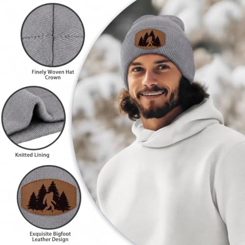 Image of Big Foot Beanie Hat, Sasquatch Leather Patch Winter Knit Skull Cap Bigfoot Gifts for Adult Men Women
