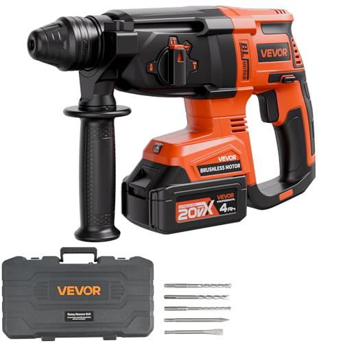 Image of VEVOR 1 inch SDS-Plus Rotary Hammer Drill, 20V Brushless Cordless SDS Hammer Drills, 4.0Ah Lithium-Ion Battery Powered,3.0A Fast Charger, 4 Modes,Rotomartillo for Concrete,1200 RPM, 5300 BPM