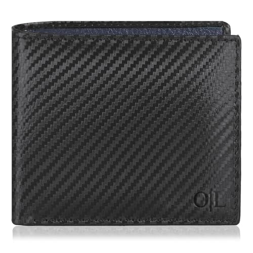 Image of Oak Leathers Slim Leather Wallet for Men - RFID Blocking Slim Minimalist Front Pocket - Thin & Stylish with ID Window, Gift For Men (Black Carbon /Navy)