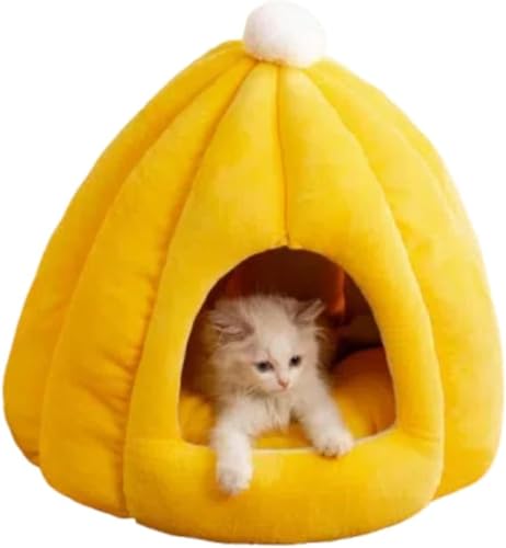 Rtwrsud 猫 テントハウス 冬 可愛い ペット ベット ドーム 寒さ対策 猫 ペットハウス 室内 小型犬 暖かい 犬小屋 洗える キャットベッド 猫寝床 ぐっすり眠れるカボチャ型半密閉犬小屋別荘秋冬ペット猫小屋マット取り外し可能ペット用品 (L,イエ