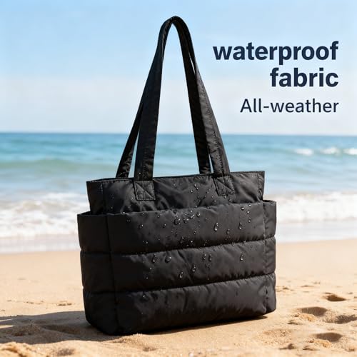 Image of charlore Tote Bag for Women, Puffer Quilted Handbag with Compartments Lightweight Puffy Tote Shoulder Bag for Travel, Work, Gym