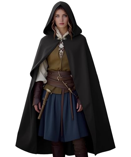 JDFAIJEAL Umhang Damen mit Kapuze,Mittelalter Umhang,Renaissance Cape Mantel Lang für Fasching Halloween Kostüm Vampir,Hexen,LARP, Wikinger,Cosplay,Renaissance (Schwarz)