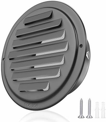 4inch 304 Stainless Steel Air Vents, Louvered Grille Cover Vent Hood Flat Ducting Ventilation Air Vent Wall Air Outlet with Fly Screen Mesh for House (4 inch Black Paint Cover （100mm）)