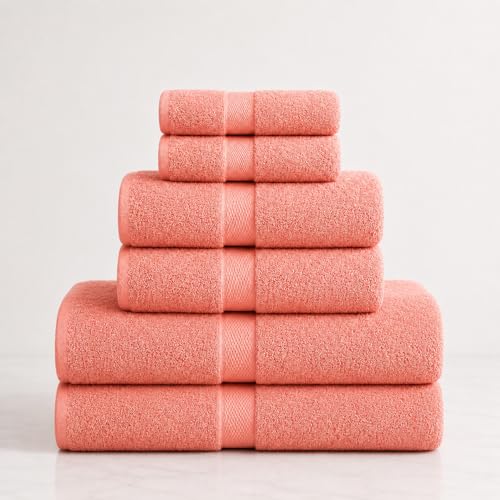 Image of Sulfar 100% Combed Cotton, 6 Pcs Towel Set - 2 Bath Towels (70 x 140 cm), 2 Hand Towels (40 x 70 cm) and 2 Face (30 x 30 cm) (600 GSM, Pack of 6) Coral Pink