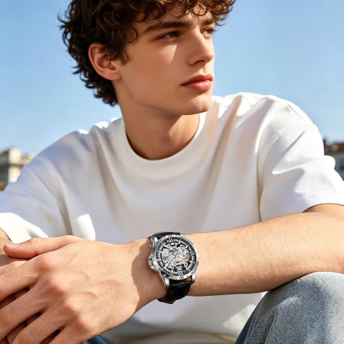 OPK Mens Automatic Skeleton Watch Blue Dial Black Dial Black - Image 5