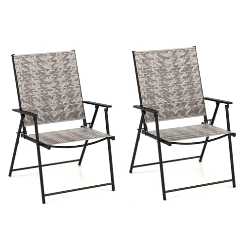 COSTWAY 2er Set Gartenstühle Polyrattan, Klappstühle mit Armlehnen, Balkonstühle klappbar, Terrassenstühle für Garten, Hinterhof, Balkon
