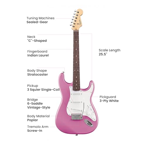 Image of Fender Squier Stratocaster - Flash Pink Bundle with Amplifier, Gig Bag, Instrument Cable, Strap, Picks, and Austin Bazaar Instructional DVD