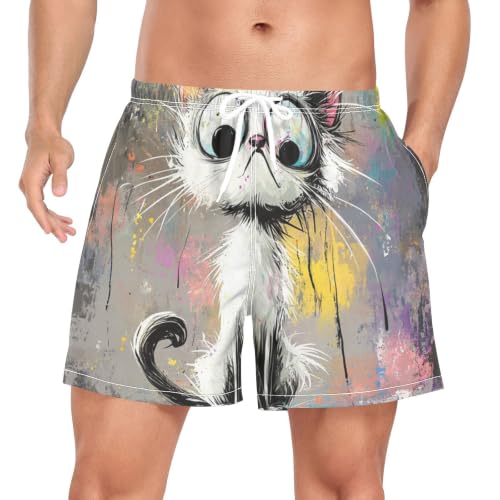 Traje de baño para hombre de secado rápido con estampado de gato blanco de graffiti