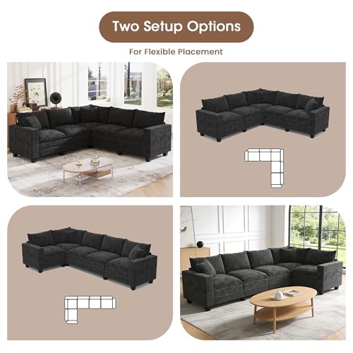 Image of 97 inch L Shaped Sectional Couch, Comfy Chenille Cloud Couch, 5 Seat Modular Cloud Sofa with 2 Pillows & Storage Armrests, Convertible V Shaped Corner Couch, Sectional Couches for Living Room, Black