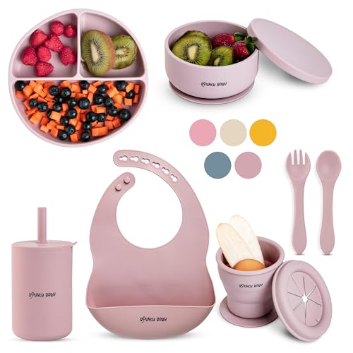 Image of Bouncy Baby Silicone Baby Feeding Set, 8 PCS Baby Led Weaning Supplies with Baby Plates and Utensils Set, Baby Spoon and Fork, Adjustable Bib, Baby Silicone Feeding Set (Mauve)