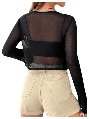 SHENHE Women's Mesh Sheer V Neck Tie Front Long Sleeve Solid Crop Cardigan2