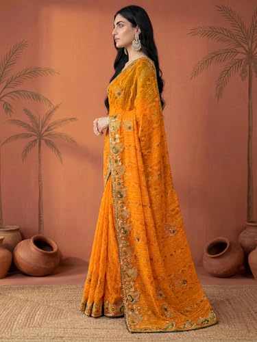 Image of SIRIL Women's Bandhani Printed Embroidery Georgette Saree with Unstitched Blouse Piece