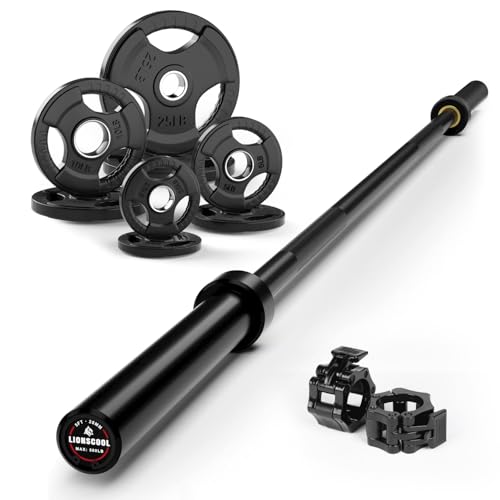 LIONSCOOL 4.9ft Black Straight Barbell with 85lb Weight Plate Set and Barbell Clamps