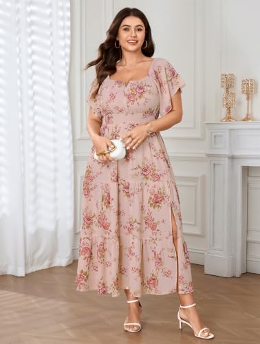 Image of SCOMCHIC Womens Plus Size Maxi Dress Formal Short Sleeve Square Neck Smocked Side Split Flowy A Line Tiered Long Dress