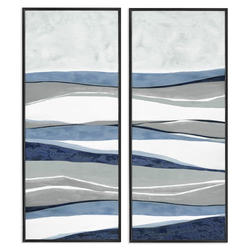 'Abstract Striped Landscape Flowing Waves'| 2pc Framed Giclee Art Set 2