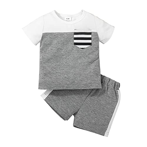 Image of MyKrazyTees Newborn Infant Baby Boy Summer Clothing Set Cotton Crewneck Stripe Short Sleeve T-Shirt Top + Sports Shorts (White,60/3-6 M,US,Age,Big Kid,Unisex,3 Months,6 Months)