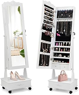 COSTWAY Mobile Jewelry Cabinet, 6 LED Lights Floor Standing Lockable Jewelry Armoire with Full Length Mirror, Drawer and Wheels, Adjustable Makeup Jewellery Organiser Storage Unit for Bedroom (White)
