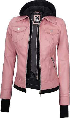Image of Womens Leather Jacket with Detachable Hood - Real Lambskin Bomber Jacket Thumbholes Women