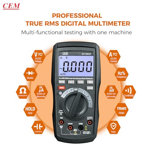Image of CEM Digital Multimeter DT-9516,VFD Auto-Range 6000 Counts True-RMS 1000V AC /DC NCV, Measures Voltage Current Resistance Capacitance Frequency Duty Cycle,Tests Diodes Transistors,1KHZ