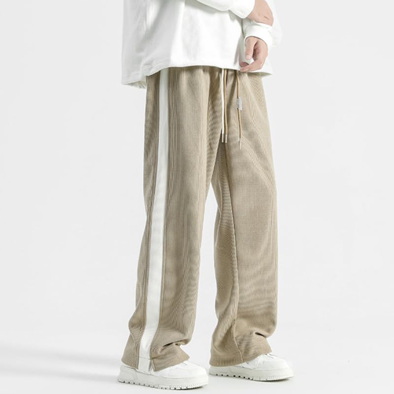 POHADON Mens Baggy Corduroy Pants Straight Wide Leg Sweatpants Side Striped Drawstring Elastic Waist Pants Y2k Streetwear3