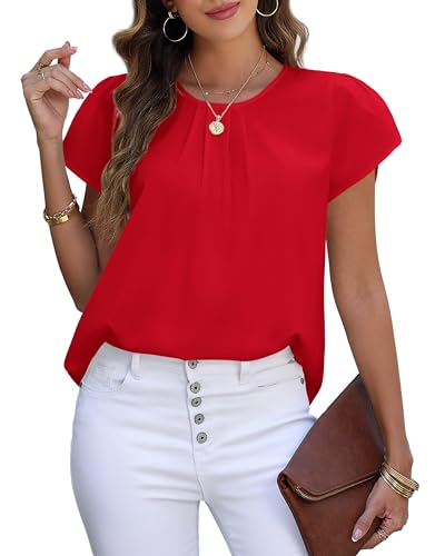 PRETTYGARDEN Women's Tops 2025 Casual Summer Round Neck Short Sleeve Basic Pleated Loose Fit Blouses Plain Tunic Shirts4