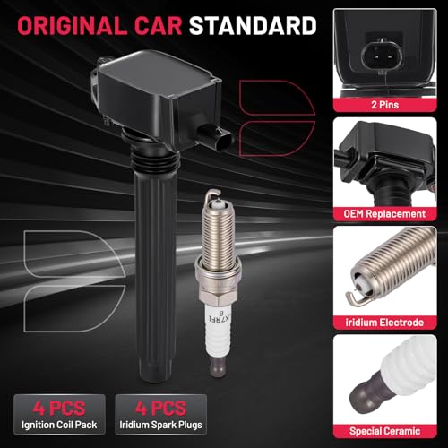 Image of BDFHYK 4 Ignition Coil Pack UF648 and 4 Iridium Spark Plug 97390 Compatible with Chrysler 300 Town & Country Dodge Avenger Challenger Charger Journey Jeep Cherokee Wrangler Coil for C1791 5C1848