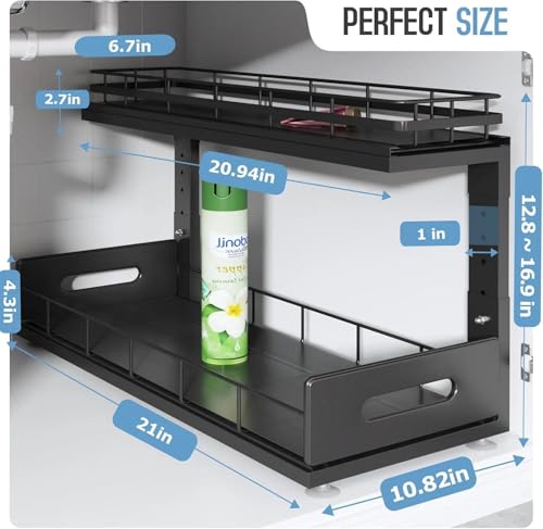 Image of Under Sink Organizer Upgrade To Professional Rails,2-Tier Dual Pull Out Cabinet Storage,Height Adjustable Slide Out Drawers For Bathroom Kitchen,1 Pack-21 inchDx12.8 inch-16.9 inchH,Black