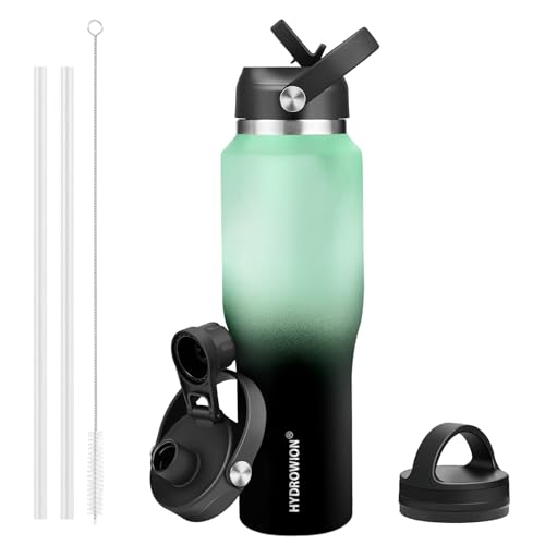 Image of HYDROWION 40 oz Insulated Water Bottle with Straw fit in Car Cup Holder(Cold 48 hrs, Hot 24 hrs) Drinking Bottle with Straw Lid, Spout Lid and Flex Cap Leakproof Travel Thermo Mug,Mint - Black