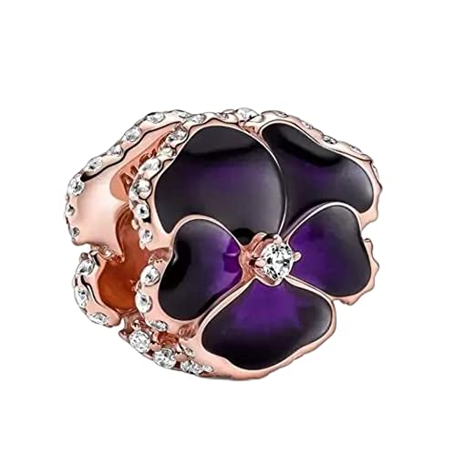 Deep Purple Pansy Flower Charm 925 Sterling Silver Pendant,Jewelry Beads Gifts for Women Bracelet&Necklace