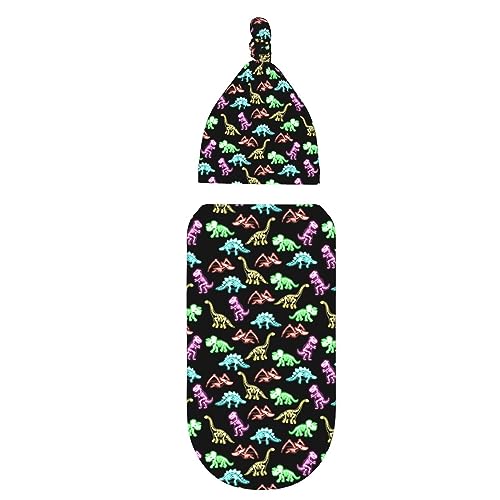 Image of Neon Dinosaurs Newborn Swaddle Blanket with Hat Sets Newborn Receiving Blanket for Boy Girl Swaddle Sack Shower Infant Gift