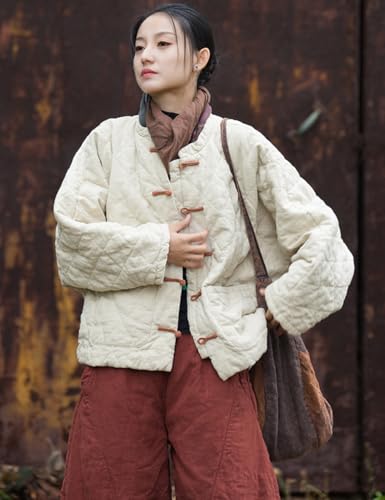 NFYM Women Cotton Linen Quilted Jacket Chinese Toggle Closure Retro Artistic Kimono Coat3
