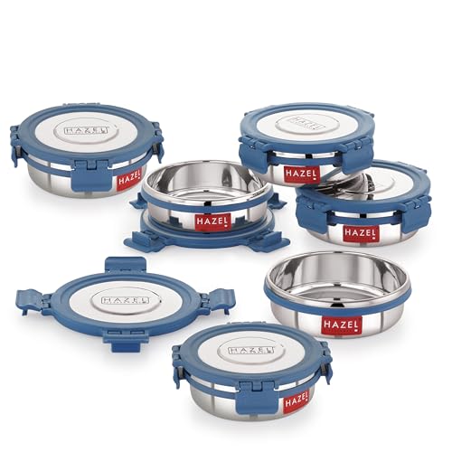 Image of HAZEL Airtight Stainless Steel Containers, 285 ML, Lunch Box with Steel Lid, Set of 6