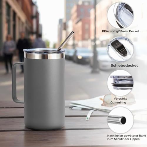Volhoply 650ml Kaffee-Thermobecher, doppelwandiger Vakuum-isolierter Edelstahlbecher mit Griff, lebensmittelechter 18/8-Edelstahl… – Ansicht 6