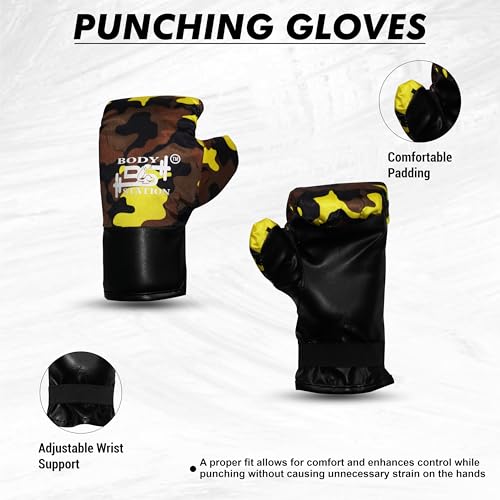 Image of Kids Champ Junior Punching Set | 1 Punching Bag, 1 Head Guard, 2 Gloves | Boxing Training Punching Bag & Gloves for Boys & Girls | for 3 to 10 Years Kids (Set of 4) (Yellow Camo)
