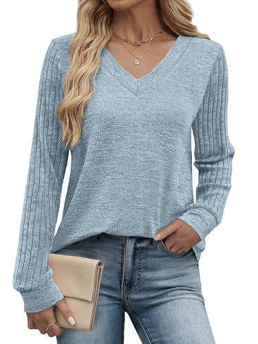 WIHOLL Sweaters for Women V Neck Long Sleeve Tunic Tops Sleeve Patchwork Shirts Loose Fit Sweaters Fall Winter Clothes S-3XL - Image 3