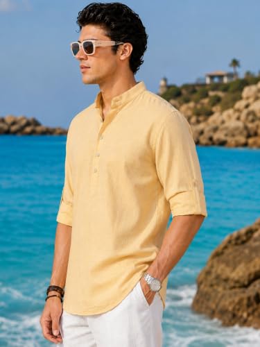 Image of Majestic Man Men's Pure Cotton Solid Mandarin Collar Slim Fit Roll-Up Sleeves Short Kurta Lightweight Summer Kurta for Daily & Occasion Use