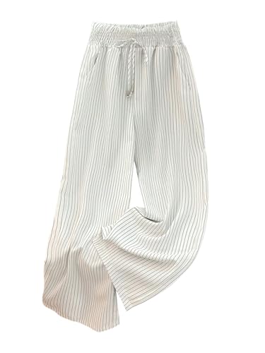 SHENHE Women's Striped Wide Leg Paper Bag Pants High Waisted Drawstring Loose Palazzo Pants White Small