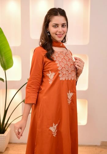 Image of Nermosa Women Embroidery Solid Straight Kurta and Pant Set with Dupatta