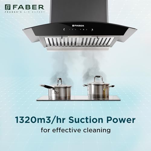 Image of Faber 60 cm 1320 m /hr Curved Glass Kitchen Chimney | 3 Layer Baffle Filter | Gravity Suction| Touch&Gesture Control | Oil Collector | 12 years warranty on Motor| Hood Feel Pro TC SC BF BK 60 | Black
