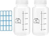 CXWFLM 2 Stück Weithalsflaschen Kunststoff 250ml – Laborflaschen mit Schraubverschluss, Skala & Etiketten, kleine Plastikflaschen zum Befüllen, Chemikalienlagerung & Laboranwendungen