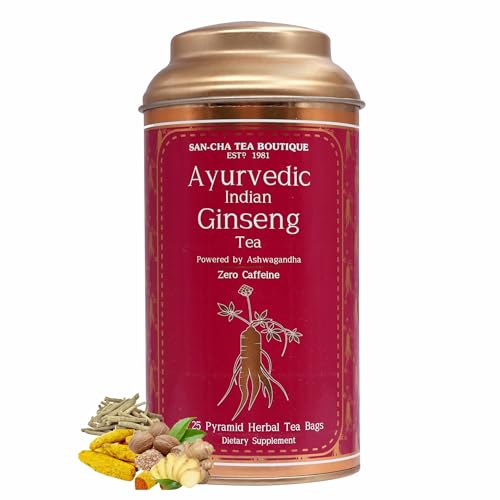 Image of Sancha Tea Boutique, Ayurvedic Ginseng Tea, Indian Ginseng, Pure Ashwagandha Blend, 25 Pyramid Bags, Caffeine Free Herbal Tisane