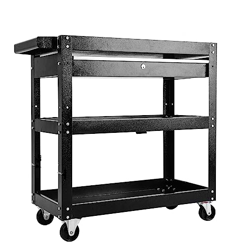 Holdfiturn Rolling Tool Cart 3 Tier Utility Service Cart with Towel Rack Handle Lockable Wheels Heavy-duty Steel Mobile Storage Trolley Shelves for Home Office Garage 69.5 x 35 x 67cm (Black)