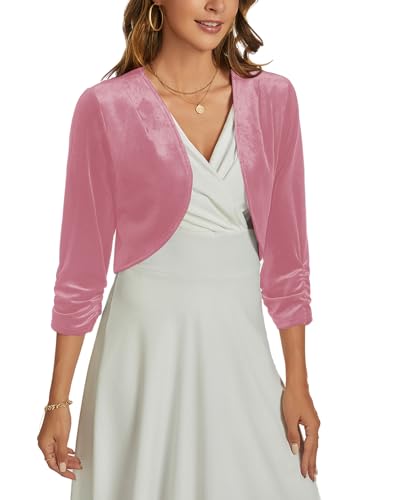 Image of Womens Velvet Bolero Shrug Elegant Open Front Ruched 3 /4 Sleeve Cocktail Party Cropped Cardigan