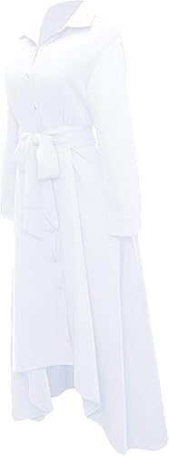 Miniatura 5 de VERWIN Vestido largo de manga larga para mujer holgado elegante con botones con bolsillos y cinturones Azul