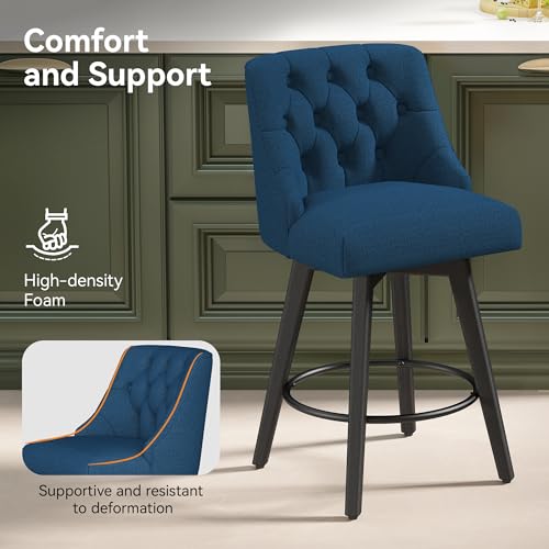 Image of Swivel Counter Height Bar Stools with Back, 26 inch H Seat Height Upholstered Fabric Counter Stools for Kitchen Island, Set of 2, Fabric in Dark Blue
